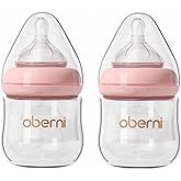 Oberni Glass Baby Bottles,Anti Colic Breastfeeding Bottle with Natural Response Nipple Size S,Wide Neck Slow Flow Baby Bottle for Baby,Newborn,Preemie 0-3 0-6 Month,BPA Free (Pink, 2 Pack, 4 Ounce)