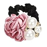 Tenworld Women Girl Pearls Beads Rose Flower Hair Band Rope Scrunchie Ponytail Holder (Pink)