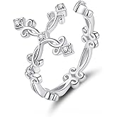 NewZenro Christian Faith CZ Cross 925 Sterling Silver Open Statement Rings Adjustable Eternity Wedding Band Fashion Dainty Filigree Flower Ring for Women