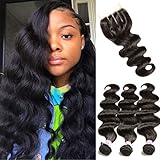 Beauty Forever Hair Brazilian Weave Virgin Hair Body Wave 3 Bundles with 1 Piece 44 3part Lace Closure 100% Unprocessed Human Hair Extensions Natural Color (16 18 20+14closure)