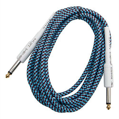10FT Blue Guitar 6.35mm 1/4" Male to Male Audio Cable Wire Braided Cord With FREE String Winder/Peg Puller