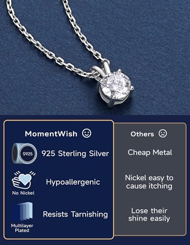MomentWish 925 Silver Necklace for Women with Pendant, 1 Carat Moissanite Necklace with Diamonds Jewelry Valentine's Gift for Women Girlfriend