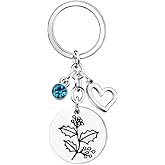 Axmerdal Birth Flower Jewelry Keychains for Women Birthstone Stainless Steel Guardian 12 Months Floral Pendant Lover Gift