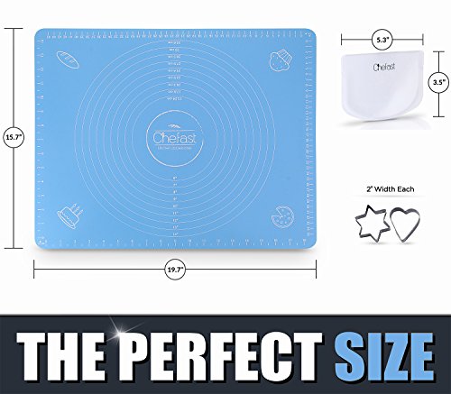 Chefast Non-Slip Pastry Mat Set: Combo Kit of Silicone Mat with Measures and Non-Stick Surface, Plastic Bowl Scraper, and 2x Cookie Cutters for Baking - Great for Rolling Dough, Fondant, Pies and More