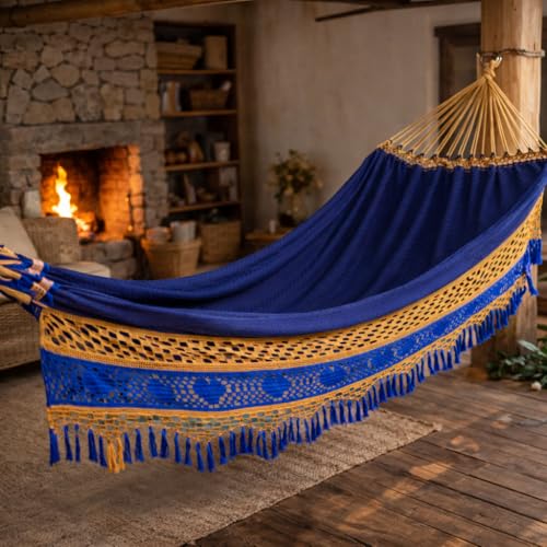 Rede de Dormir Casal Artesanal Luxo 4,5m em Algodão – Rede Descanso Reforçada para Quarto, Varanda, Jardim e Área de Lazer até 350kg(CARAMELO COM PRETO)