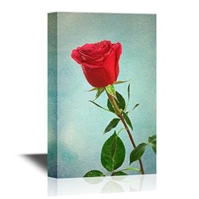Roses Canvas Wall Art - Single Scarlet Rose on a Blue Background - Gallery Wrap Modern Home Art | Ready to Hang - 12x18 inches