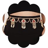 Jumwrit Golden Coin Flower Waist Chain Shiny Red Rhinestone Layered Belly Chain Vintage Hollow Carving Chain Belt Rave Chunky Boho Beach Long Tassel Body Chain Fashion Body Accessories for Women