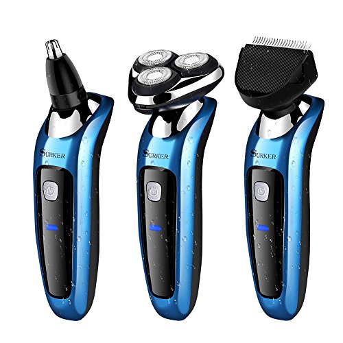 SURKER Electric Shaver Rotary Shaver Wet and Dry 3 in 1 With Nose Trimmer and Sidebums Razor Waterproof Black Blue