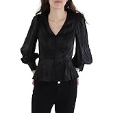 BCBGMAXAZRIA Womens Long Sleeve Peplum Top V Neck Button Front Shirt