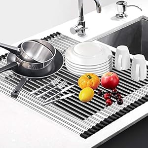G-TING Dish Drying Rack 17.6" x 16", Over Sink Roll Up Large Dish Drainers Rack, Multipurpose Foldable Kitchen Sink Rack Mat Stainless Steel with Silicone Rims for Dishes, Cups, Fruits Vegetables