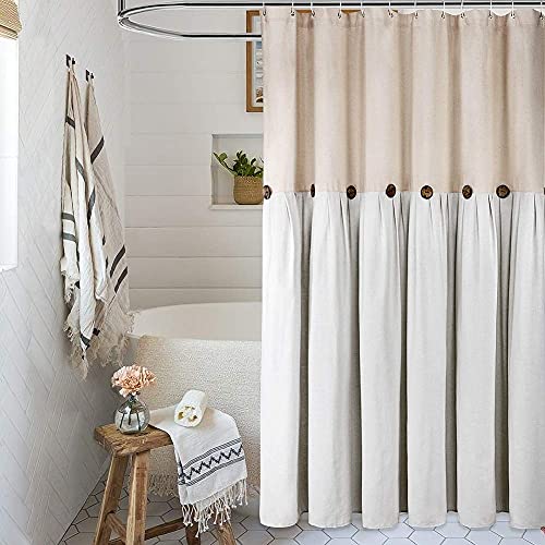 Reisen Linen Farmhouse Shower Curtain Button Beige and White Shower Curtains for Bathroom, 72\