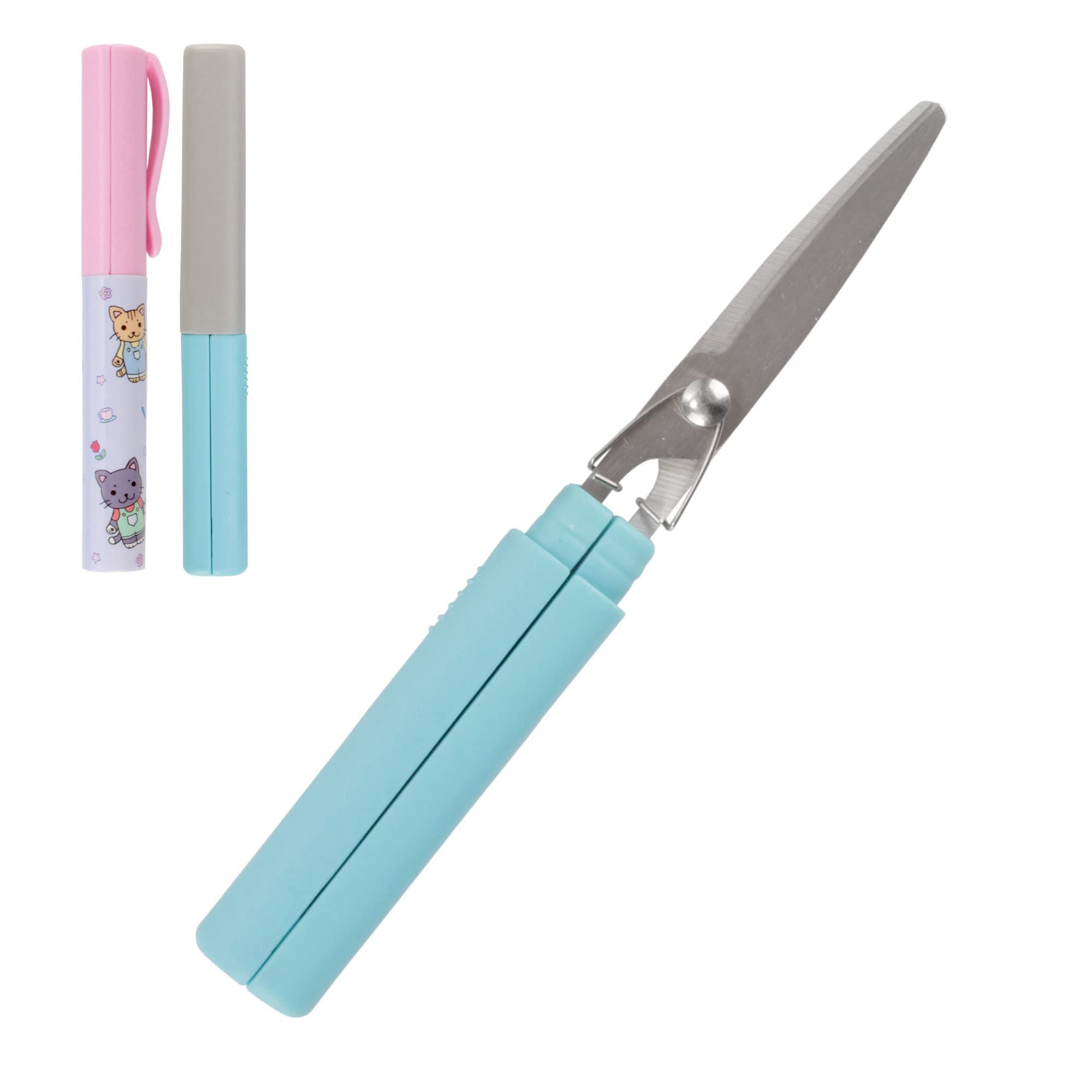 Mini Pen Portable Travel Scissors - Garden Kitty & Light Blue Pen - 1 Pair Each