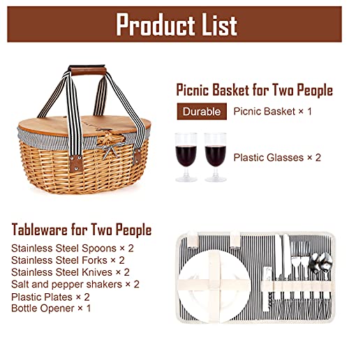 Wicker Picnic Basket Set for 2 with Double Wooden Lids & Handles