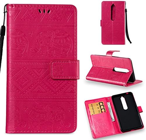 Nokia 6.1 Case, Nokia 6 2018 Case, Love Sound [Wrist Strap] [Stand Function] Premium Emboss Elephant PU Leather Wallet Flip Protective Case Cover with Card Slots for Nokia 6 2018 - Rose Red