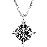 TURTLEDOVE Viking Vegvisir Necklace, Viking Compass Pendant Stainless Steel, Norse Pagan Jewelry