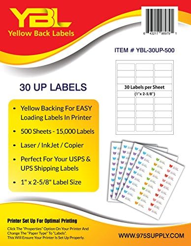 YBL 30 Up Shipping and Mailing Labels, for Laser and Ink Jet Printers, FBA Ready, 100 Sheets per Pack (500 Sheets - 15,000 Labels)