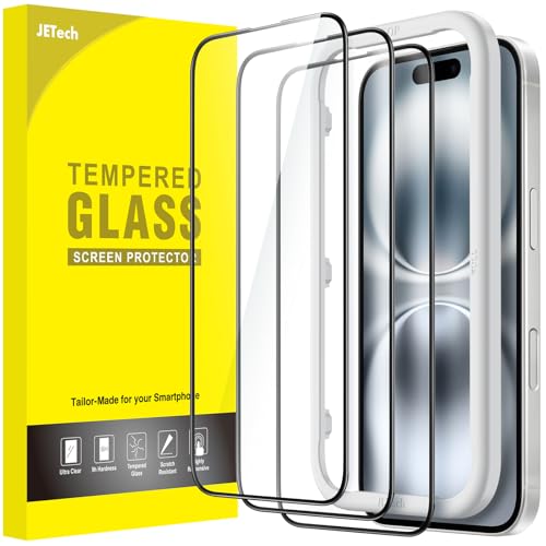 JETech Full Coverage Screen Protector for iPhone 16 6.1 Inch, Black Edge Tempered Glass with Easy Installation Frame, Case Friendly, HD Clear, 3 Pack