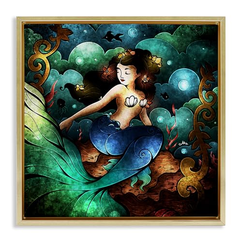 Stupell Industries Vivid Deco Mermaid Gold Framed Floater Canvas Wall Art, desi…
