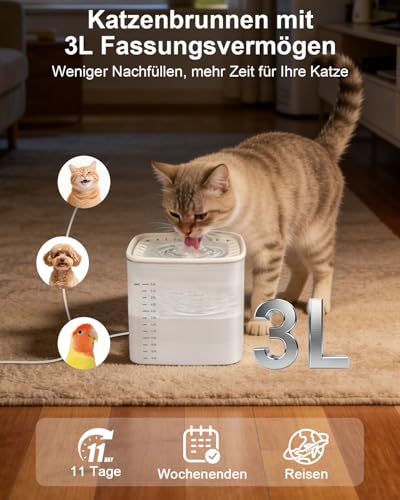 Drinking Fountain for Cat, 3 L Cat Fountain, Quiet Water Pump, Cat Drinking Fountain, Transparent Water Tank with Water Level Indicator, Water Fountain for Cats, Easy to Clean, Includes 2 Filter
