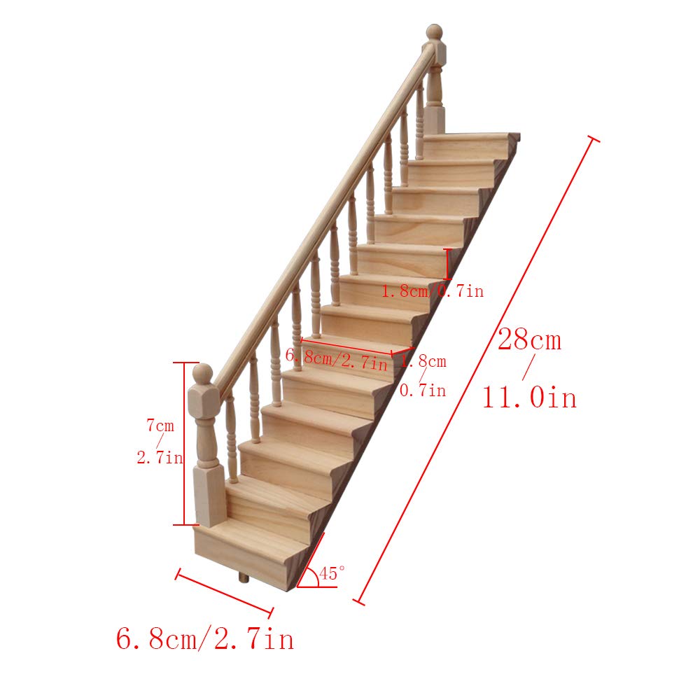 Singeru 112 Dolls House Wooden Staircase Dollhouse Stair with Handrail 45 Degree Slope duplex