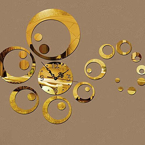 Baost DIY Circles 3D Mirror Wall Clock Watches Stickers Decals Modern Design Removable Wall Art Clock Murals Decals Creative Decoration for for Bedroom Living Room Office Bar Gold