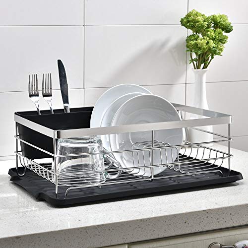 Premium Large Capacity Dish Storage Rack, Sink Dish Drainer Dinnerware Organizer with Drain Board (Silver)