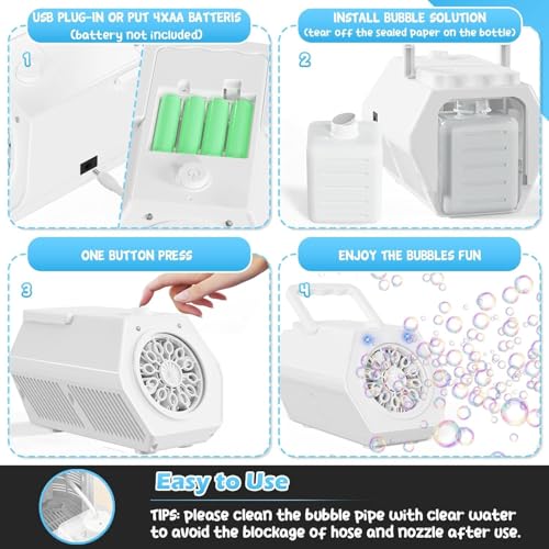 Professional Automatic Portable USB Rechargeable Bubble Machine - 10000 Bubbles/Min, 2 Speed, 240ML Tank, Bubble Toys for Kids, for Birthday/Wedding/Party/Outdoor