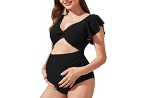 Harssidanzar Women Maternity for Summer,One-Piece Swimsuit Hight Waist Bathing Suit Puffle Trim Twist Front Cut Out KL301US