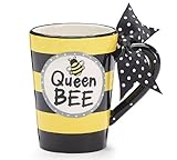 Whimsical Queen Bee 13 oz Coffee Mug with Polka Dot Bow on Handle Gift Boxed