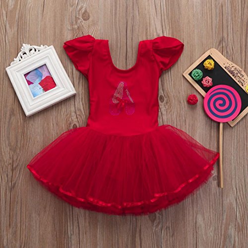 Toddler Girls Gauze Leotards Bodysuit Dancewear Dress Short Sleeve Ballet Skirts (Red, 24M)