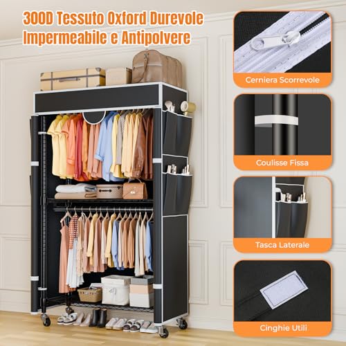 Himimi Coat Rack with Cover, Clothes Rack on Wheels, Heavy Load, Stable with Height Adjustable Shelf, Metal Open Wardrobe for Bedroom, 90 x 45 x 205 cm