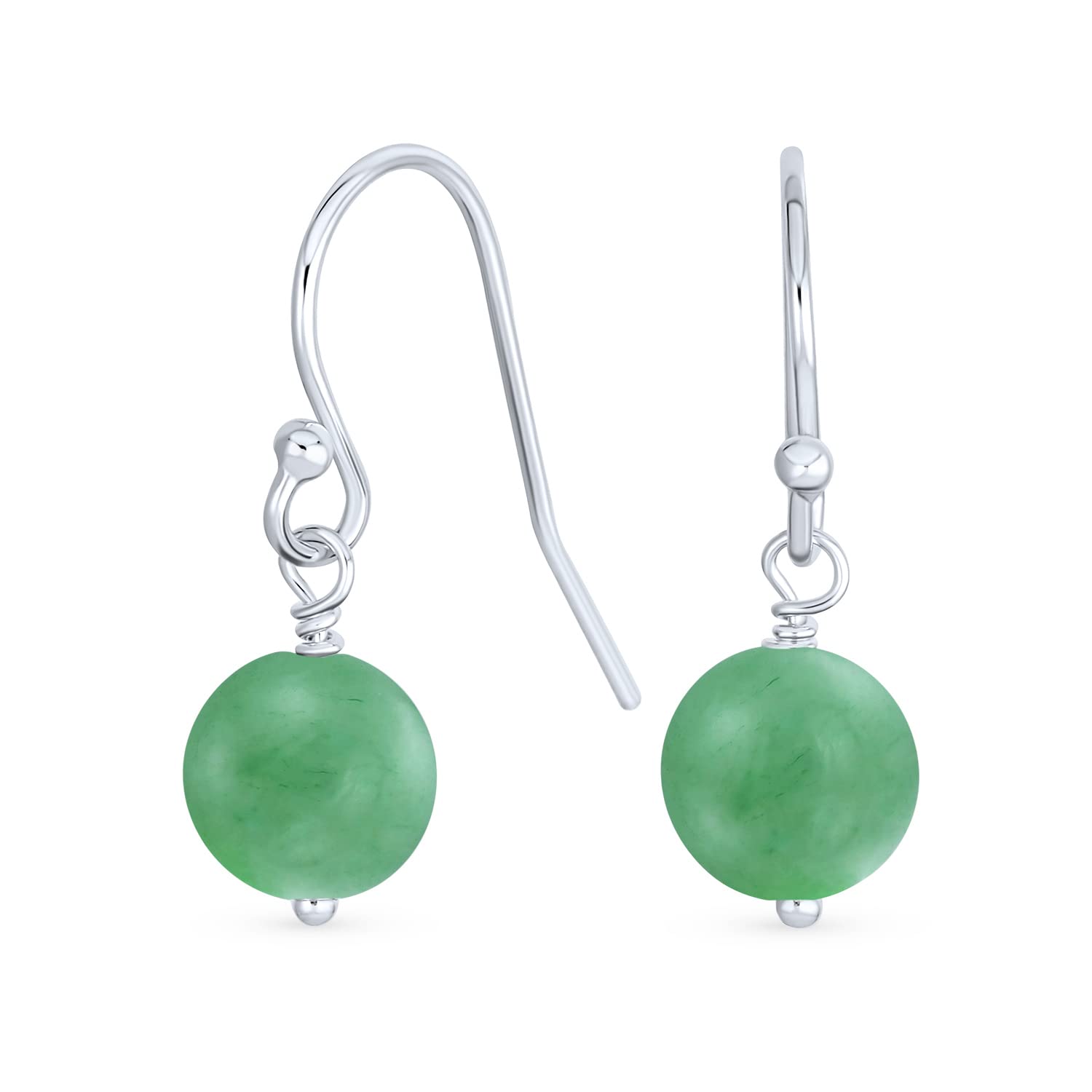 Simple Plain Basic Round Bead Green Aventurine Gemstone French Fish Hook Wire Ball Drop Earrings For Women.925 Sterling Silver