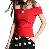 Maggie Tang Off Shoulder Trendy Fitted Cross Boat Neck Modal Blouse Top T-shirt