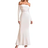 KUTUMAI Off Shoulder Tie Formal Wedding Guest Dresses for Women Fall Long Sleeve Bodycon Lace Up Maxi Dress