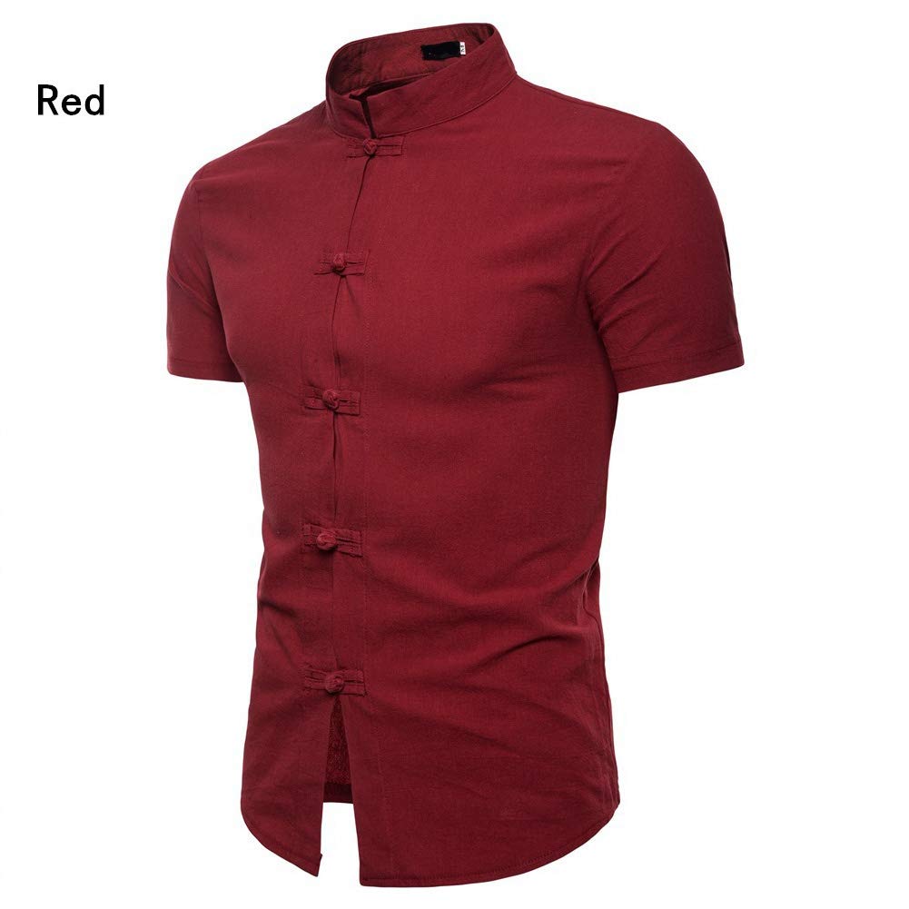 RONSHIN Men Short Sleeve Linen Shirt 
