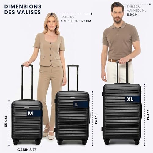 Skyspeed Line Valise de Voyage Set de 3 valises à roulettes Trolley Bagages à Main Set de valises de Voyage ABS Serrure à Combinaison Poignée télescopique 4 Roues Noir Air France/Easyjet
