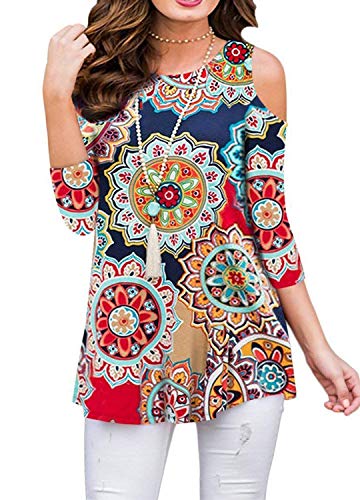 BLUETIME Womens 3/4 Sleeve Cold Shoulder Tunic Top for Leggings Tunics Blouse Shirt (1-Navy Blue, M)