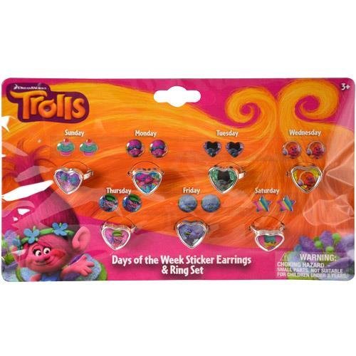 Trolls Days of the Week Earring and Ring Set