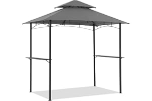 COBANA Grill Gazebo 8’x 5’ Outdoor Patio Backyard BBQ Grill Shelter Double Tiered Soft Canopy Top with Steel Frame and Bar Counters, Gray