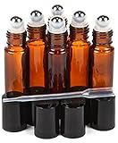 Pack of 6, 10ml Amber Glass Roll On Bottles With Stainless Steel Roller Ball for Essential Oil, Aromatherapy by Mavogel - 3 Extra Stainless Steel ball and 1 Essential Oils Swiss Key Included