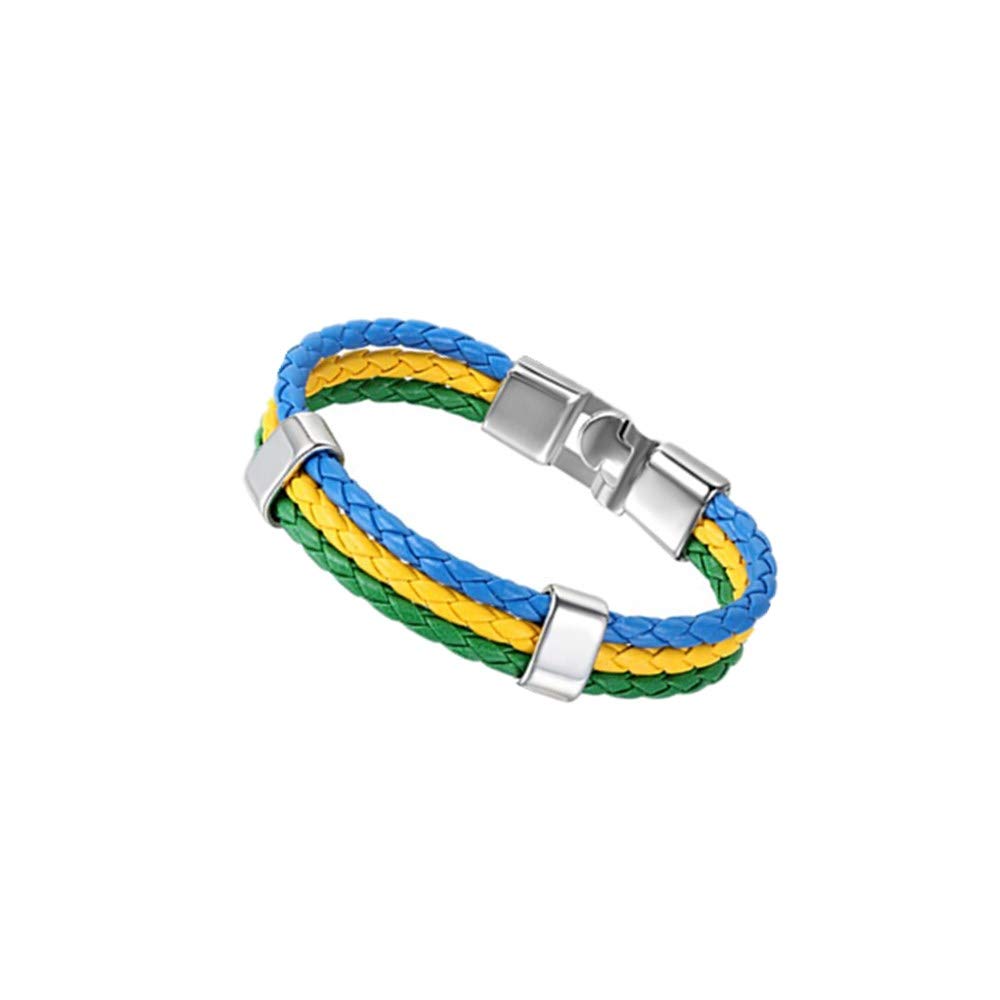 JewelryWe 2018 FIFA World Cup Mens Womens Leather Bracelet Braided Soccer Fans Wristband, Brazilian Brazil Flag Cuff Bangle, Green Yellow Blue, 8.3 Inch
