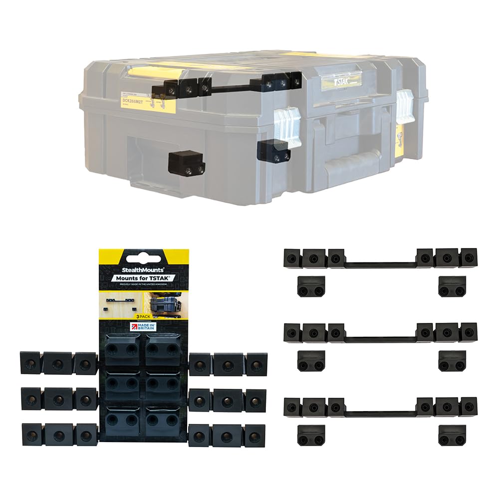 StealthMounts Wall Mounts Compatible with DeWalt TSTAK – 3 Pack Mounting Brackets for Tool Box Storage, Garage & Workshop Organisation Black