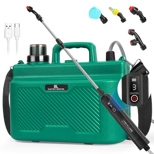 Battery Powered Sprayer 2 Gallon, Rechargeable Electric Garden Sprayer with 3 Speeds Displayed, Battery Indicator, 4 Mist Nozzles, Retractable Wand, Adjustable Shoulder Strap for Lawn Yard and Garden