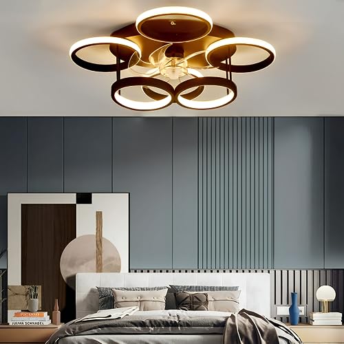 SXJCCSM 72 W Dimmable Ceiling Fan Ceiling Light, Silent LED Chandelier Design with 6 Rings with Remote Control and APP, 6 Speeds Reversible, Timing, Suitable for Kitchen, Living Room, Bedroom, Black
