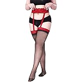 GOCBOBO Women's Lace Suspender Tights Plus Size Sexy Sheer Garter Tights Ultra-Thin Garter Stockings
