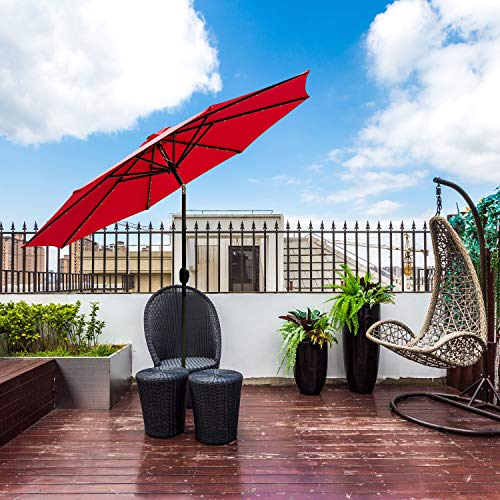 Ainfox 9 FT Solar Patio Umbrella, 32 LED Lighted with Tilt w/Crank Adjustment, 8 Steel Umbrella Ribs, Outdoor Waterproof Fade-Resistant Fabric for Garden, Deck, Backyard, Pool