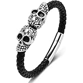 VA JENT Men leather Skull Bracelet,316L Stainless Steel Genuine Leather Bracelets for Men - Wristband Bangle Gift for Husband Son