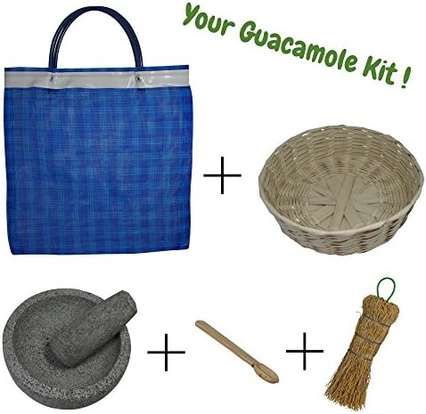 Mexican molcajete bowl bundle, includes 5-inch stone mortar and pestle set, tortilla basket, wooden salsa spoon, natural fiber cleaning brush and mesh grocery bag, perfect gift set (5 inch)