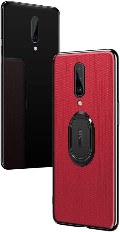 Pacyer Case Compatible with OnePlus 7 Pro Cover, Plaid Cloth TPU Case Cover Rotating Ring Kickstand Compatible with Magnetic Car Mount Function Soft Edges Protective Case Shell (Red)