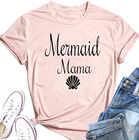 MOMOER Mama Shirt for Women Mermaid Mama Short Sleeve T-Shirt Cute Shell Graphic Print Casual Funny Mom Tops Tees
